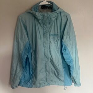 Marmot PreCip Rain Jacket Womens Medium Light Blue Ripstop Hooded Shell Coat